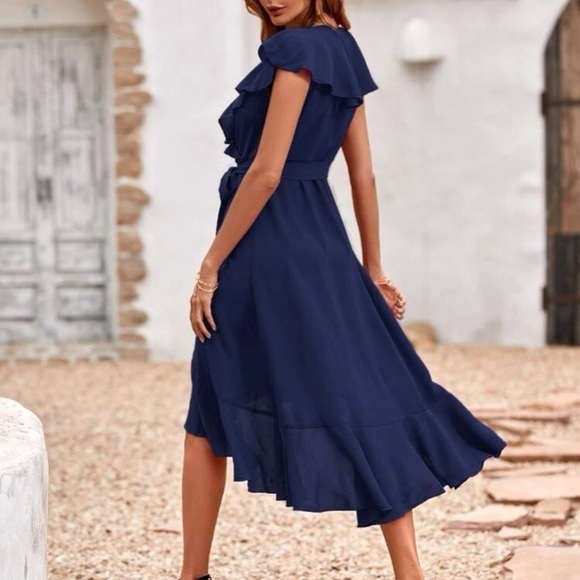 Bellisario Bow Front Ruffle Hem Dress Navy